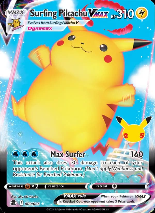 Surfing Pikachu VMAX — Celebrations, Holo Rare VMAX
